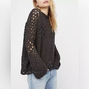 Free People Lace Cotton Sweater, charcoal black | large
 Crochet Sweater